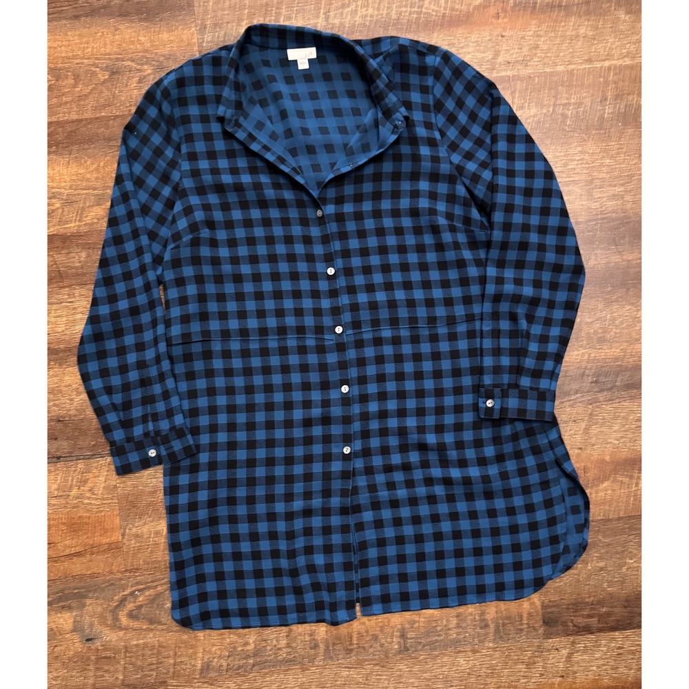 J.Jill Blue Black Buffalo Check Layered Shirt Dress Large Button Front
